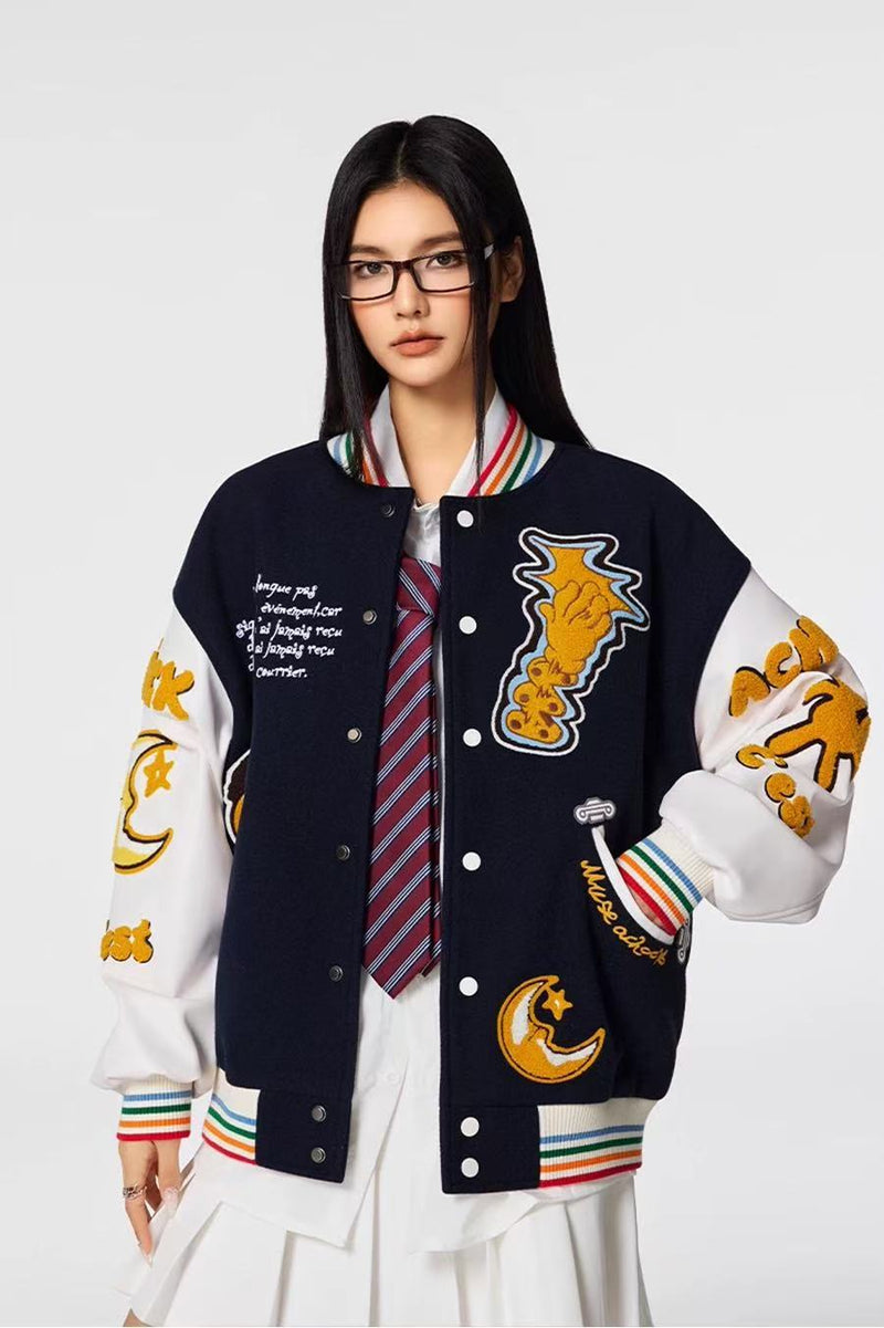 ACHOCK Crescent Bear Embroidered Baseball Jacket