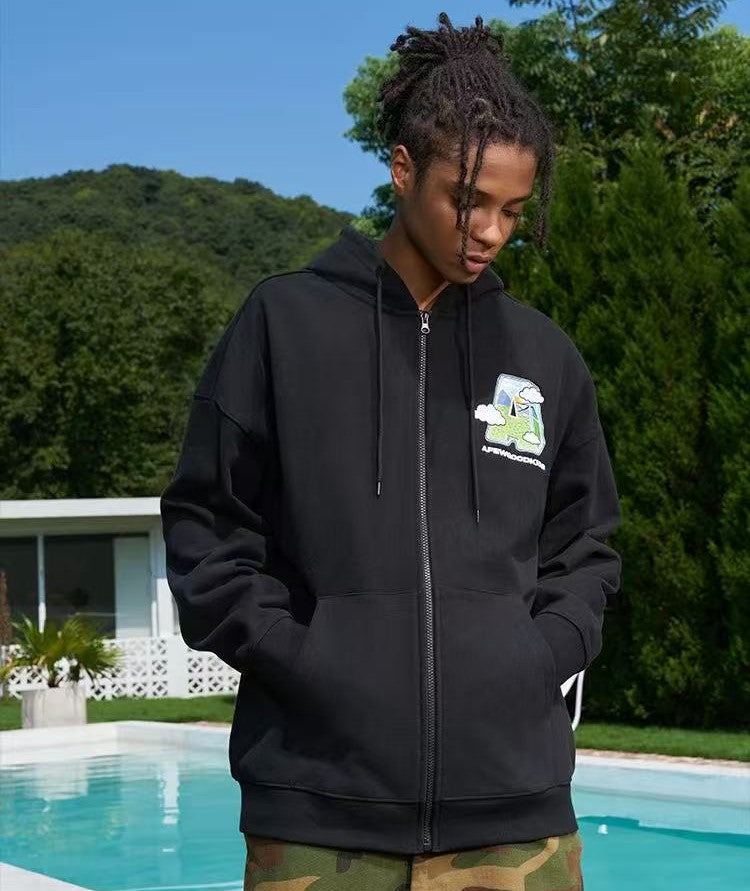 AFGK Hand-painted Lettering Embroidered Zipper Cardigan