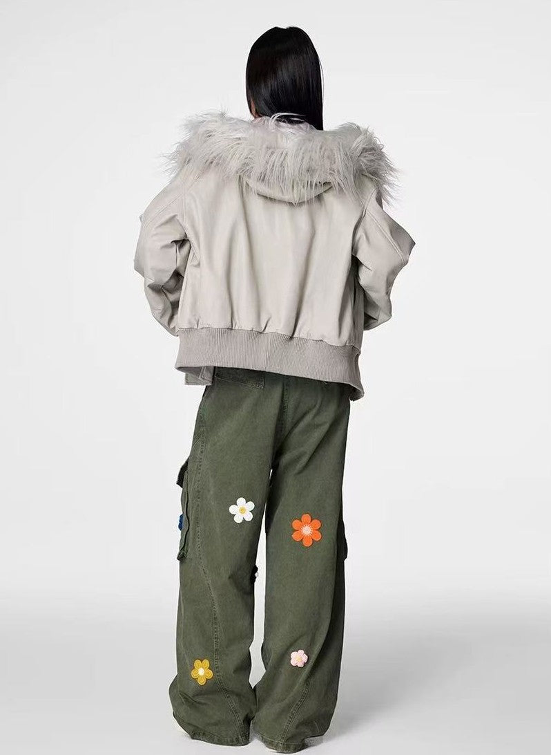 ACHOCK Vintage Multi-pocket Floral Embroidered Paratrooper Pants