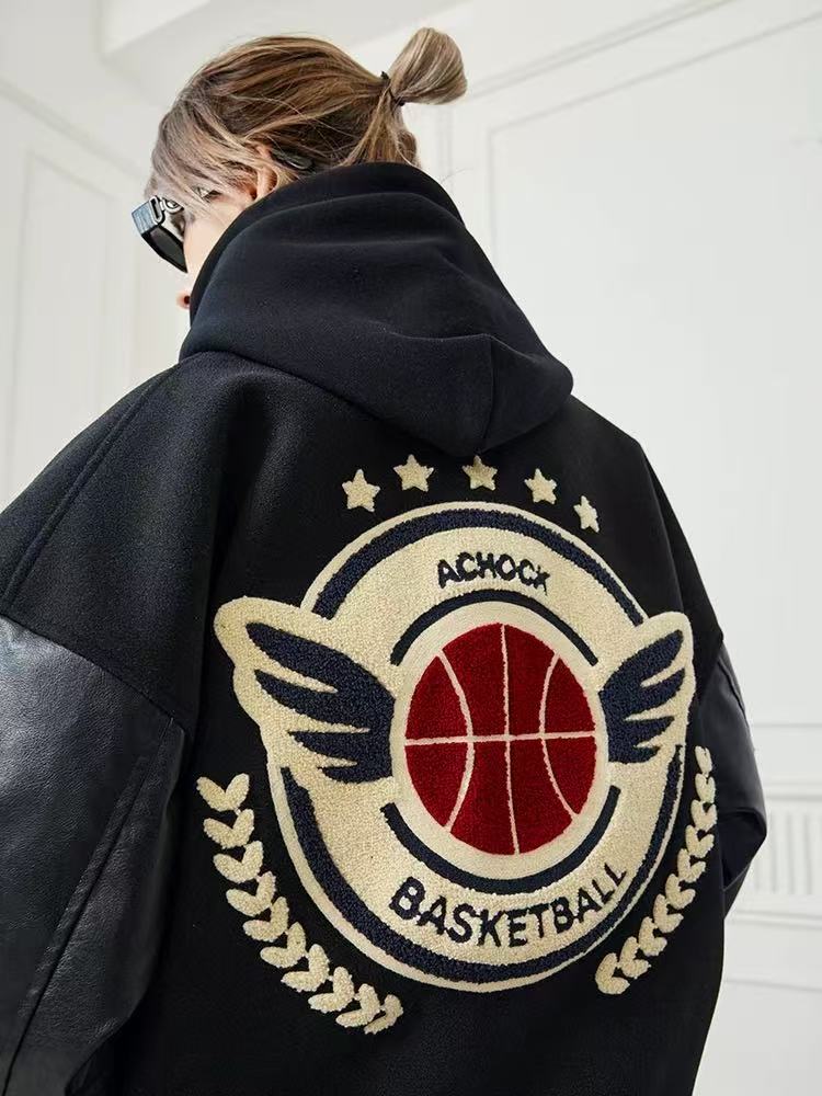 ACHOCK Hip-hop Heavy Letters Embroidery Varsity Jacket