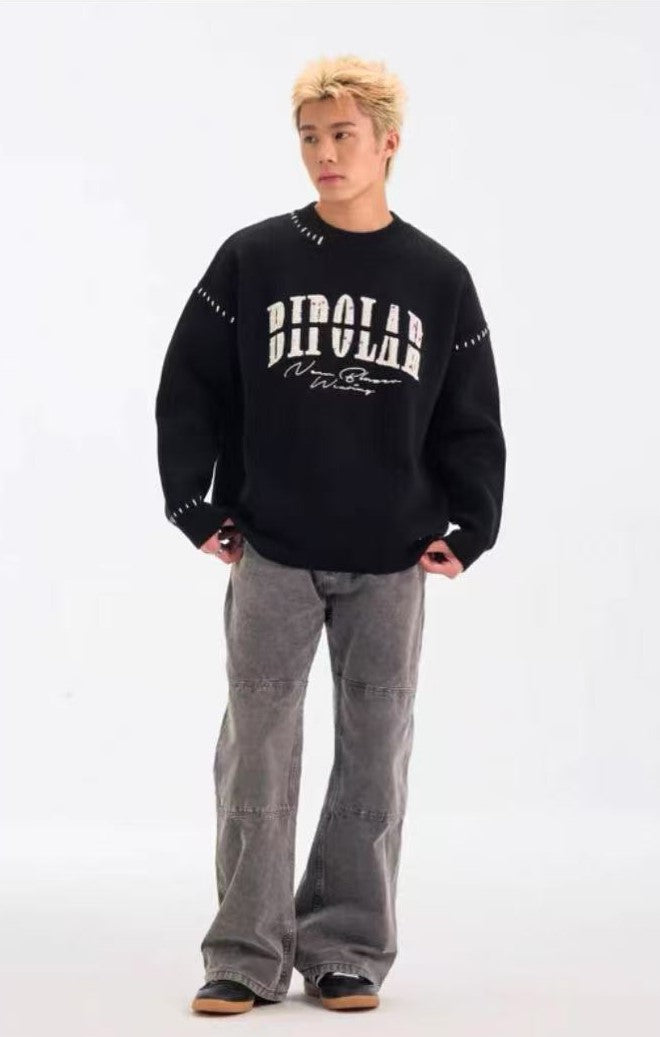 BIPOLAR Patch Embroidered Round Neck Pullover Sweater