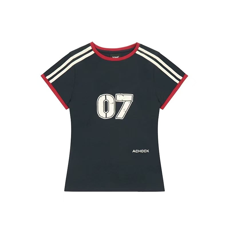 ACHOCK Retro Contrast Stripe Stitching Slimming Short-sleeved T-shirt (For Women)