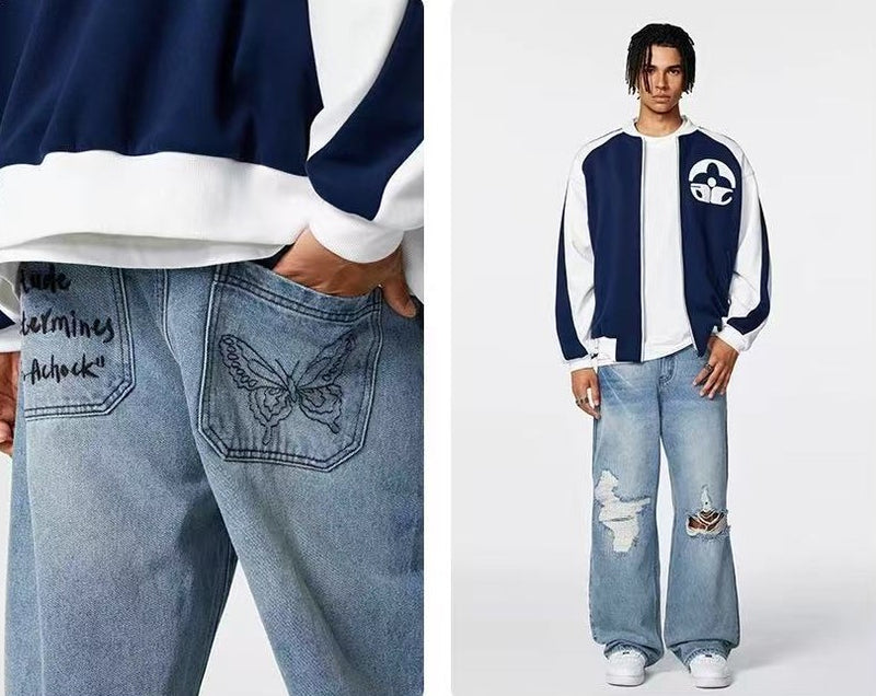 ACHOCK Butterfly Stitching Retro Ripped Jeans