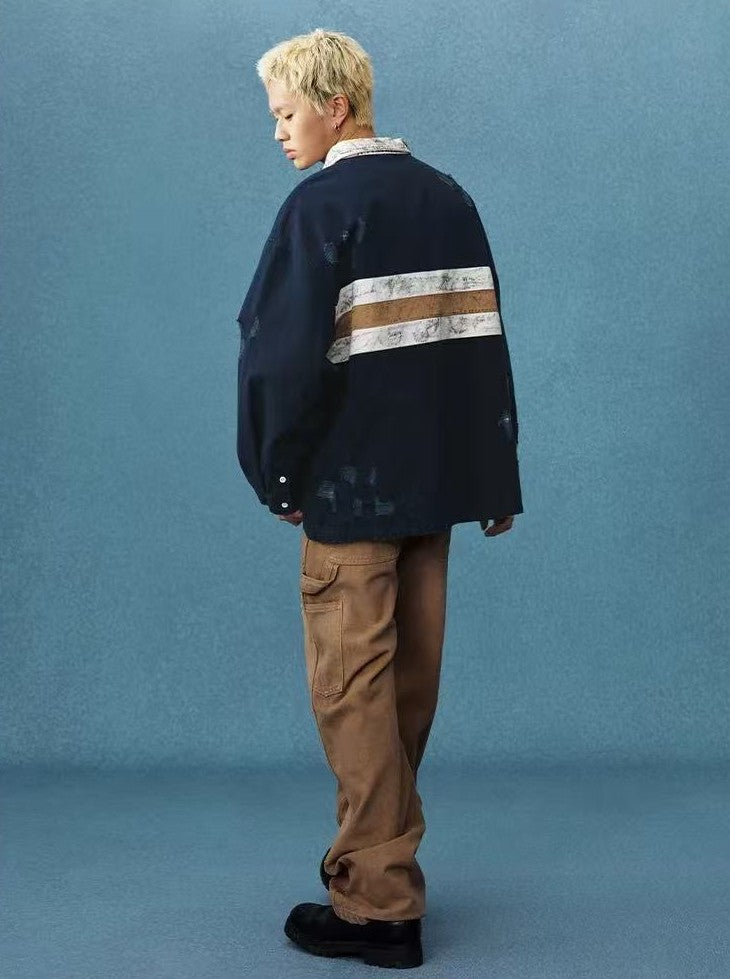 MEDM Contrast Color Striped Polo Long-sleeve T-shirt