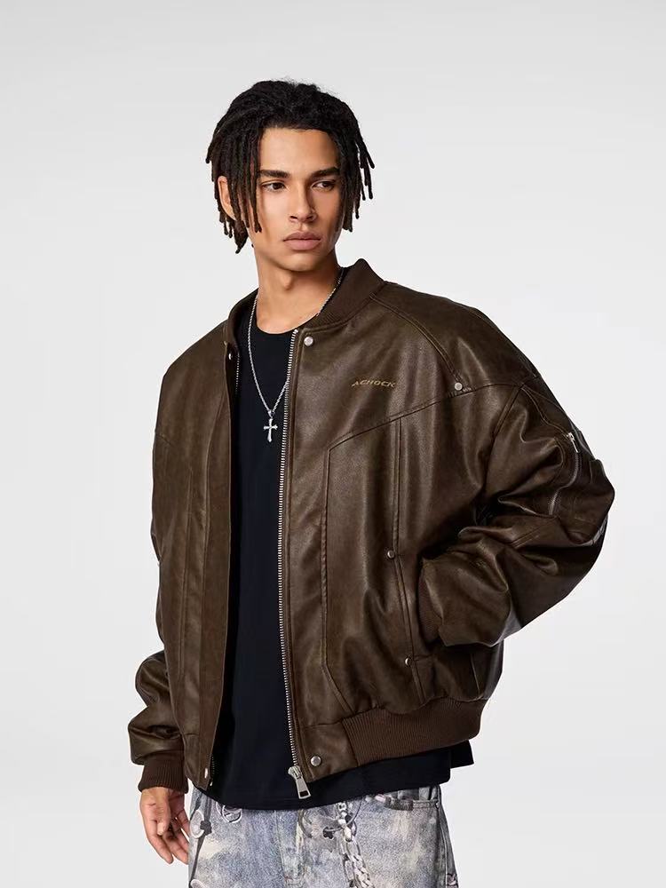 ACHOCK Retro Nostalgic Motorcycle Quilted Leather Jacket