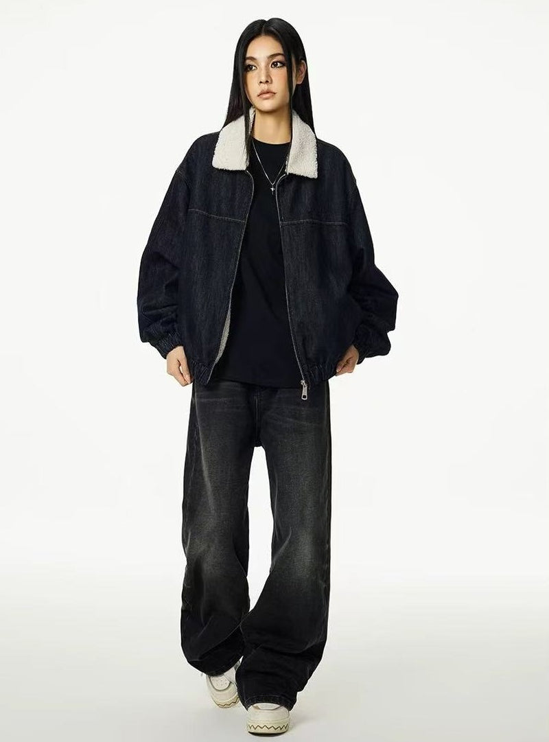 ACHOCK Denim Faux Sherpa Lapel Warm Thicken Jacket