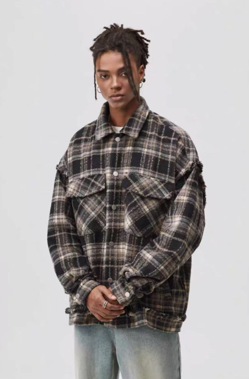 ATRY Washed Distressed Vintage Plaid Raw Edge Jacket