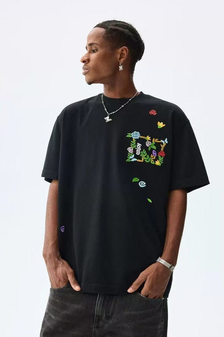 MEDM Embroidered Floral Short-sleeved T-shirt