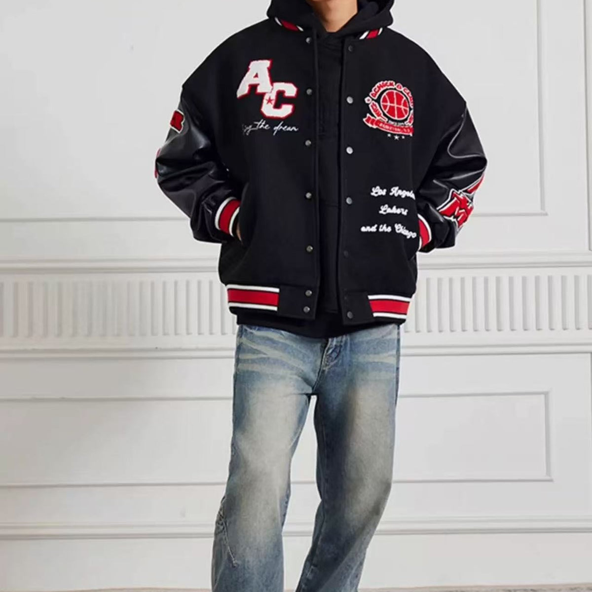 ACHOCK Retro Stitching Flocked Embroidery Varsity Jacket