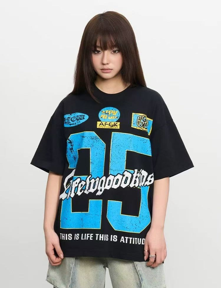 AFGK Retro Distressed Logo Print Short-sleeved T-shirt