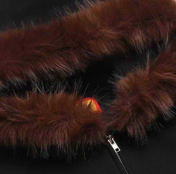 AFGK Retro Fur Collar Embroidered Hooded Cardigan Sweatshirt