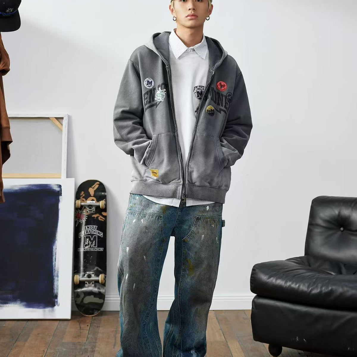 MEDM Hunting Theme Distressed Washed Zipper Hoodie