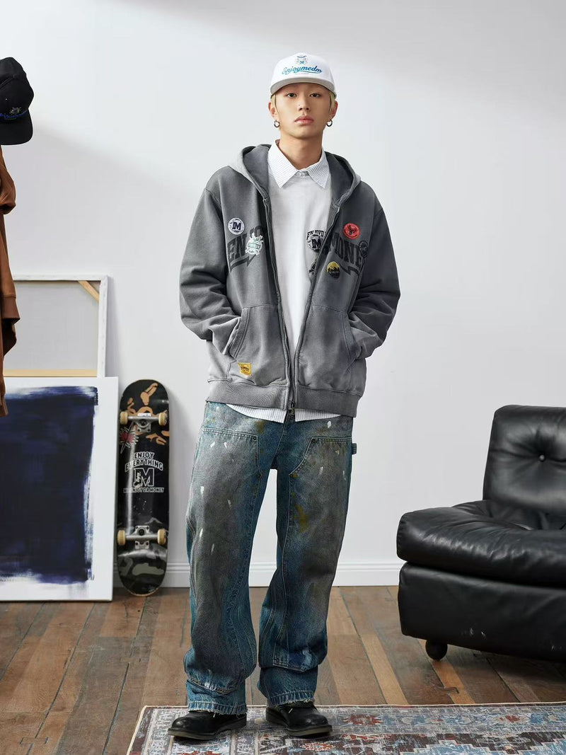 MEDM Hunting Theme Distressed Washed Zipper Hoodie