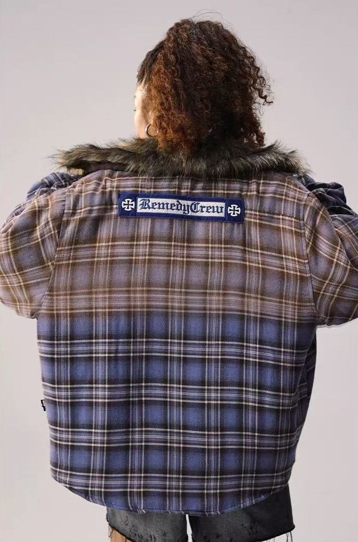 REMEDY Thickened Gradient Distressed Plaid Fur Collar Cotton Coat