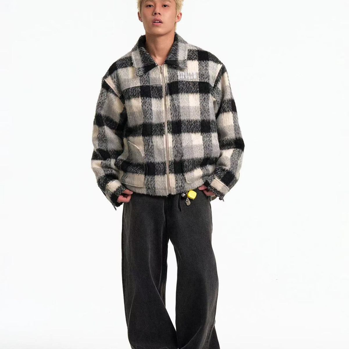 BIPOLAR Plush Plaid Color Block Jacket