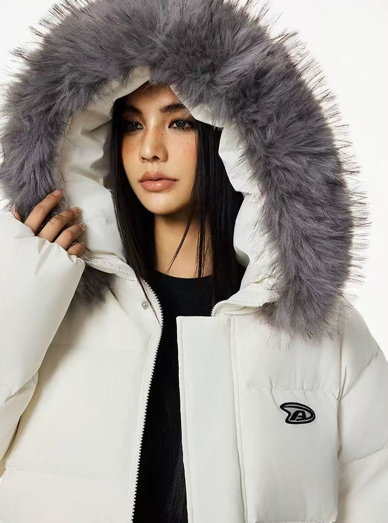 ACHOCK Logo Print Fur Collar Hooded Down Jacket