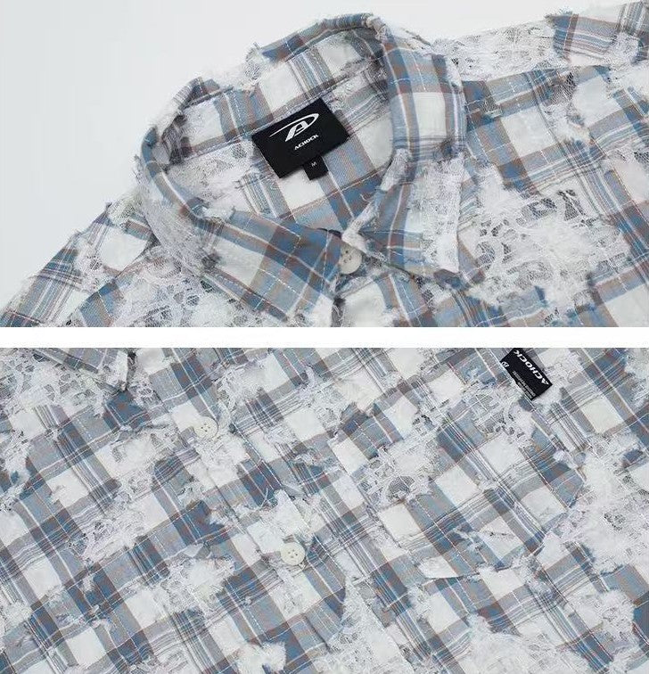 ACHOCK  Lace Lapel Plaid Long-sleeve Shirt