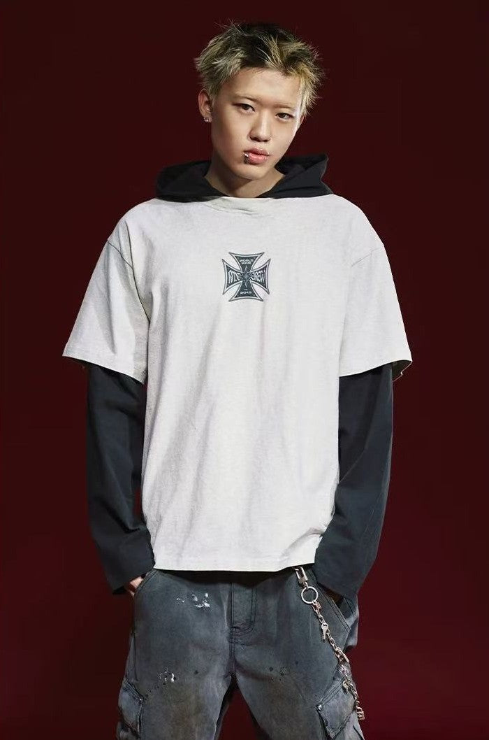 REMEDY Retro Fake Two-piece Hooded Long-sleeved T-shirt