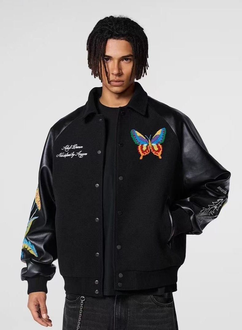 ACHOCK Butterfly Embroidered Stand Collar Baseball Jacket