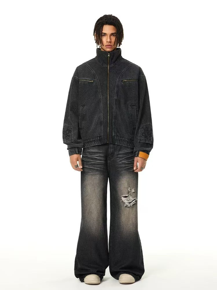 ACHOCK Street Wash Deconstructed Stand Collar Denim Jacket