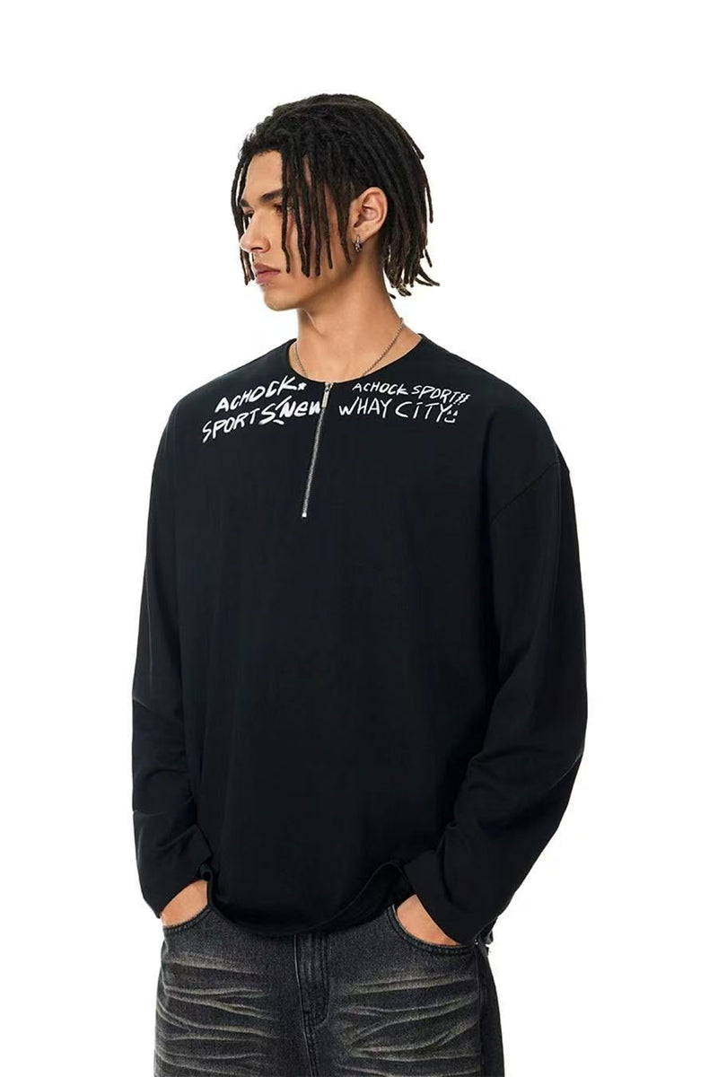 ACHOCK Henley Collar Monogram Half-zip Long-sleeved T-shirt