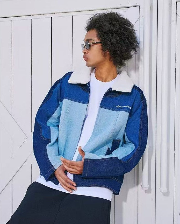 AFGK Spliced Fur Collar Denim Letter Embroidery Jacket