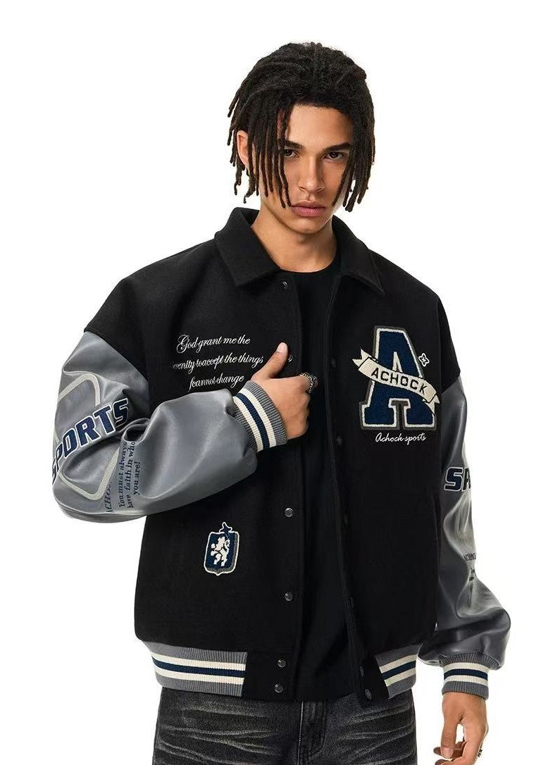 ACHOCK Embroidered Lapel Vintage Baseball Jacket