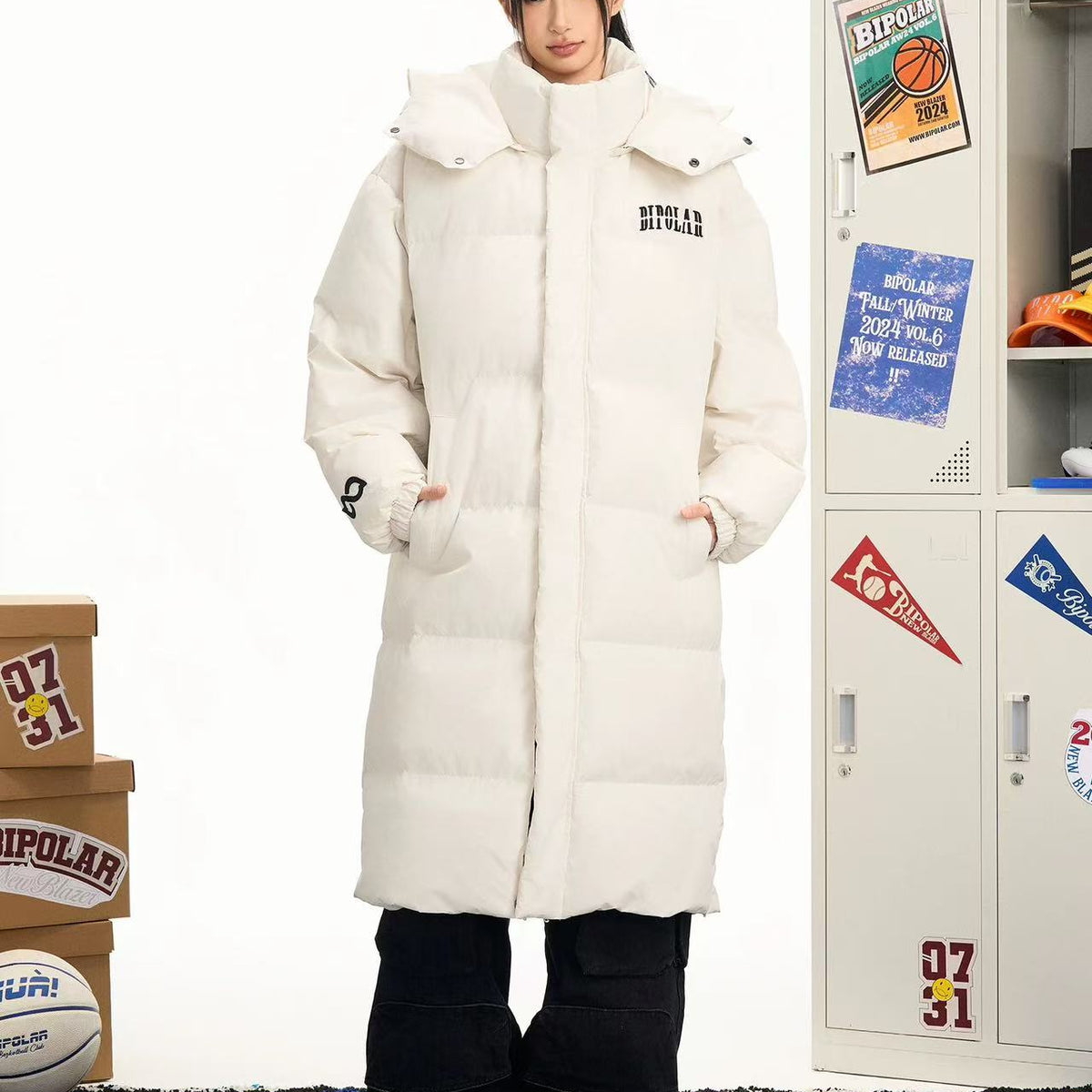 BIPOLAR Flocked Long Knee-length Foldable Duck Down Hooded Jacket