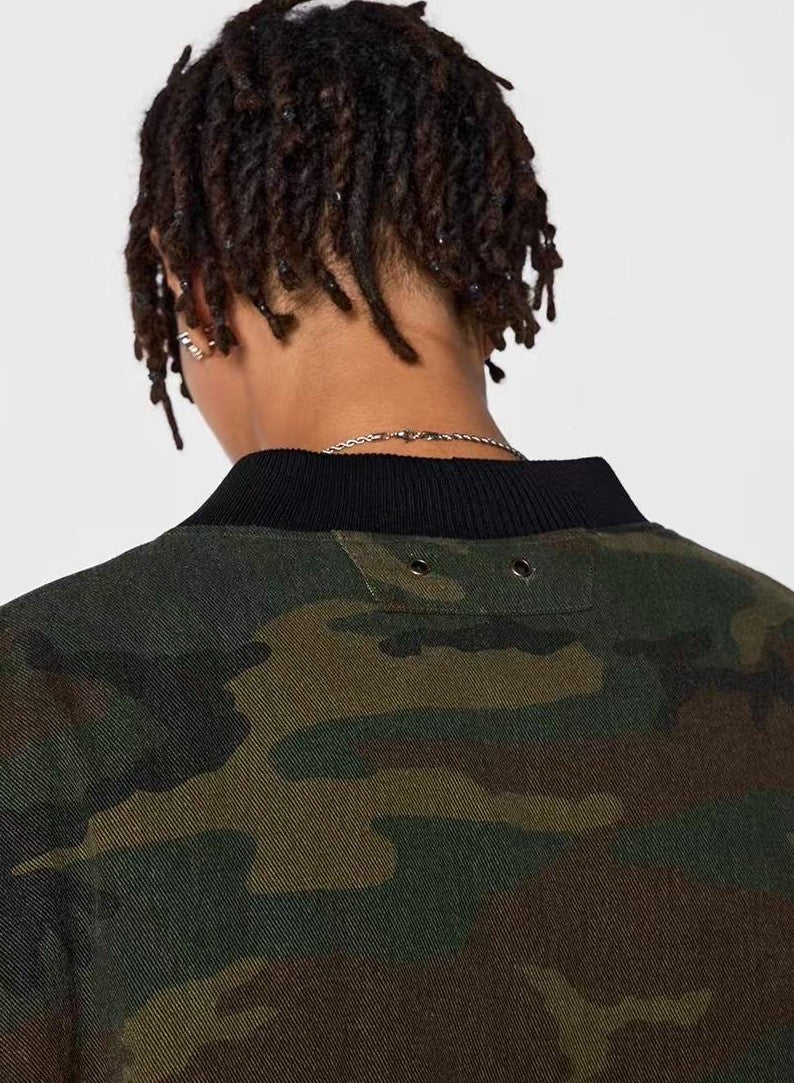 ACHOCK Washed Distressed Camouflage Cotton Bomber Jacket