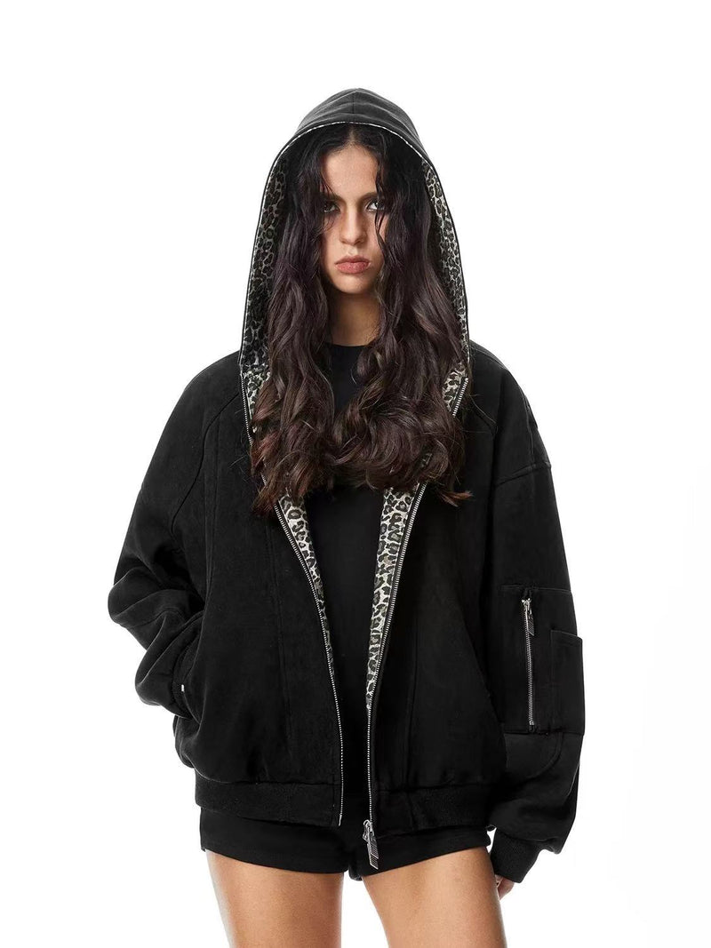 FDR Leopard Print Suede Hooded Jacket