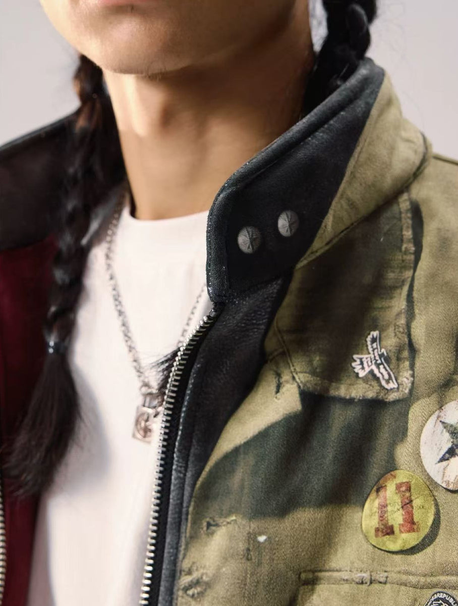 REMEDY Washed Printed Patchwork Bomber Jacket