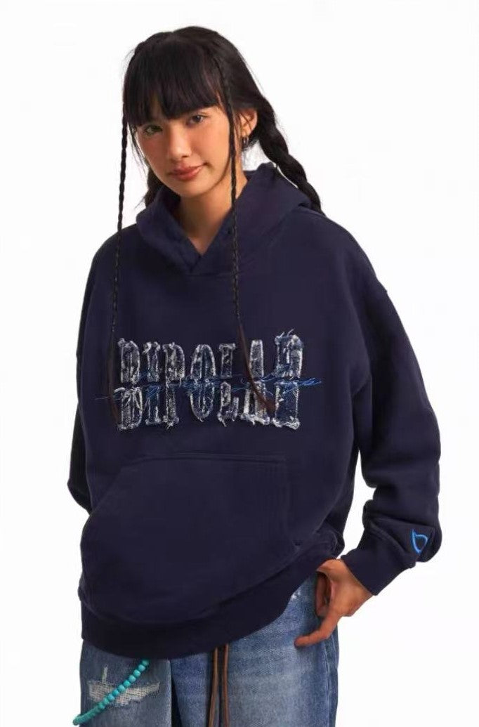 BIPOLAR Destroyed and Torn Creative Design Denim Patch Hoodie