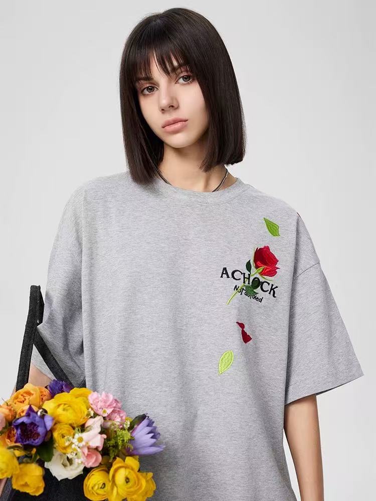 ACHOCK Rose Embroidered Short-sleeve T-shirt