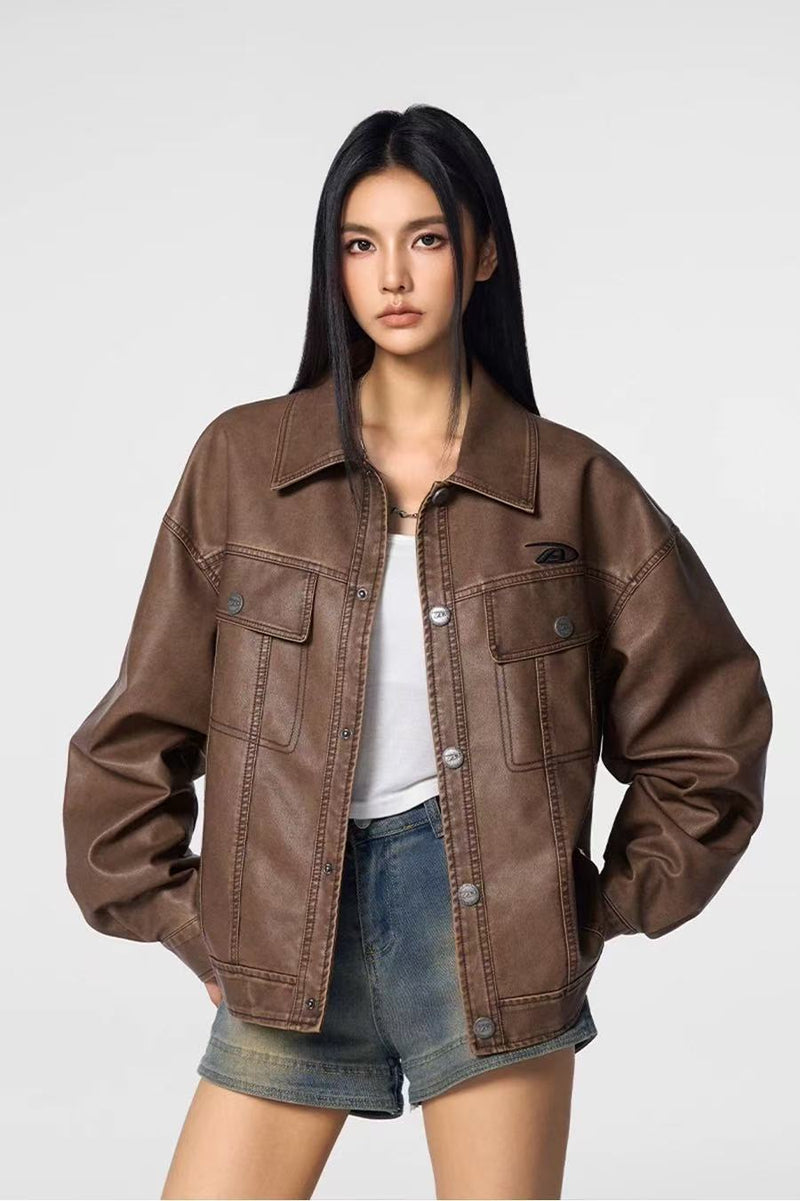 ACHOCK Vintage Washed Lapel Leather Jacket