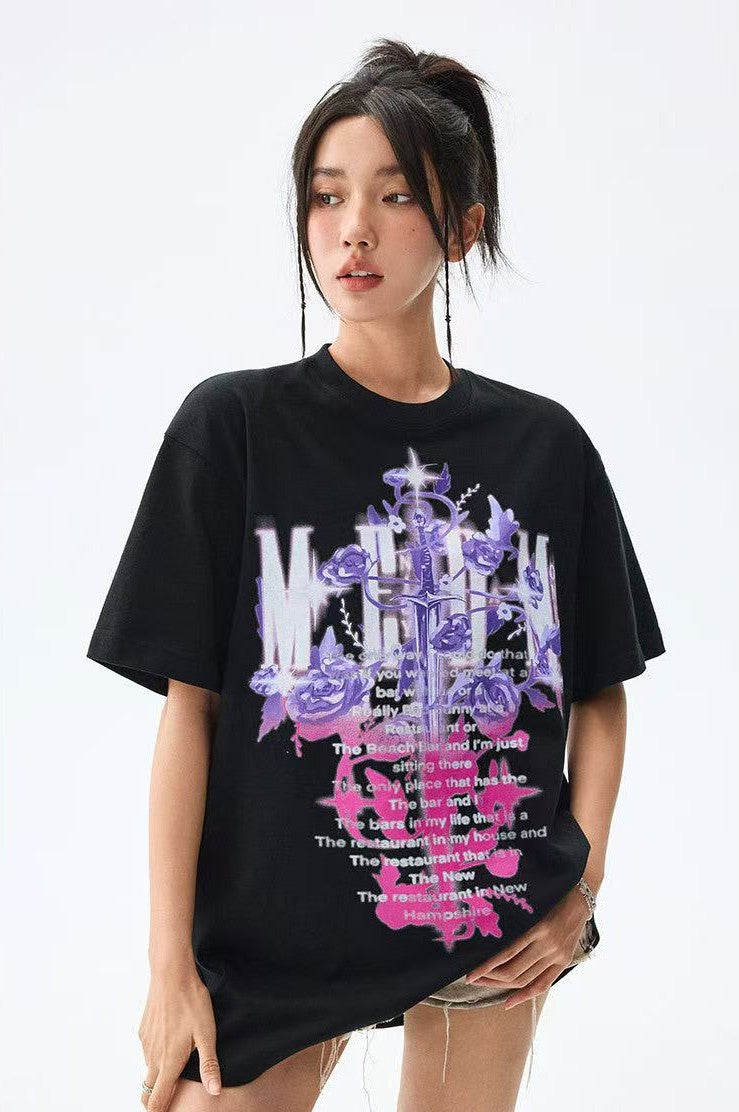 MEDM Rose and Sword Print Short-sleeve T-Shirt
