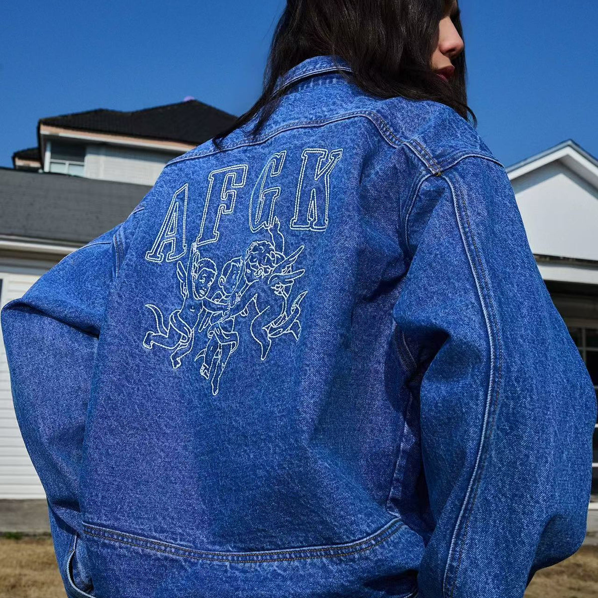 AFGK Three Angels Topstitch Embroidered Denim Jacket