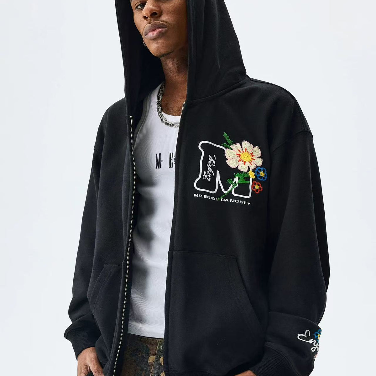 MEDM Chain Embroidered Flower Large M Zipper Hoodie