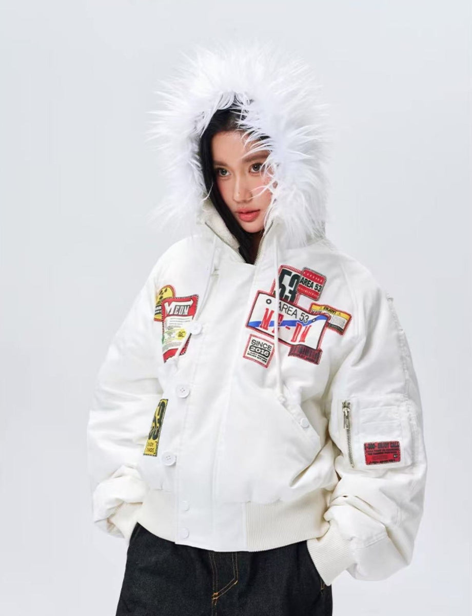 MEDM MA1 Down Jacket with License Plate Patch and Fur Collar Hood