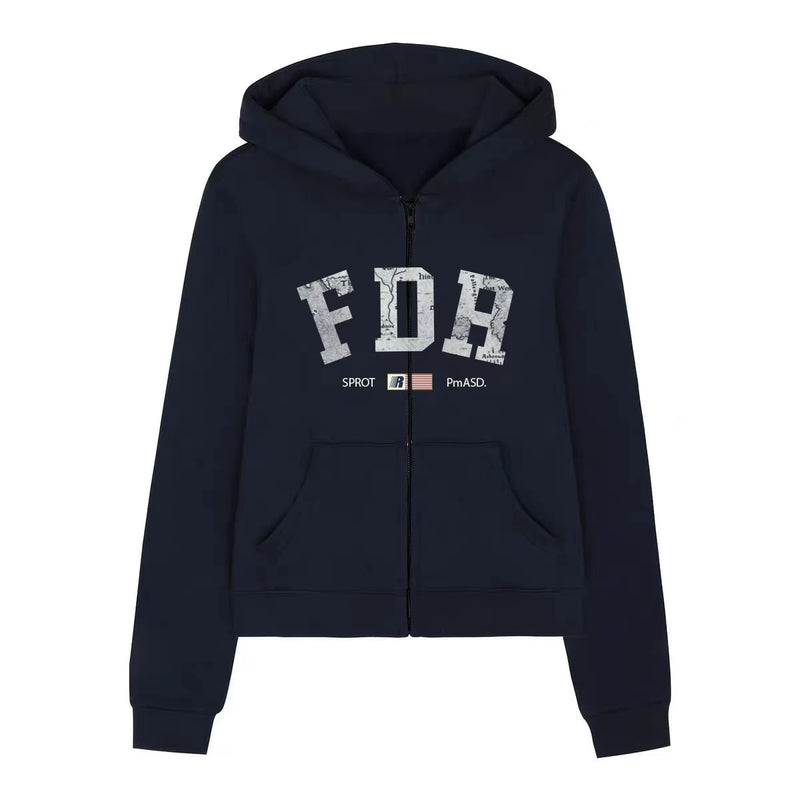 FDR Retro Logo Printed Zipper Hoodie (For Women)