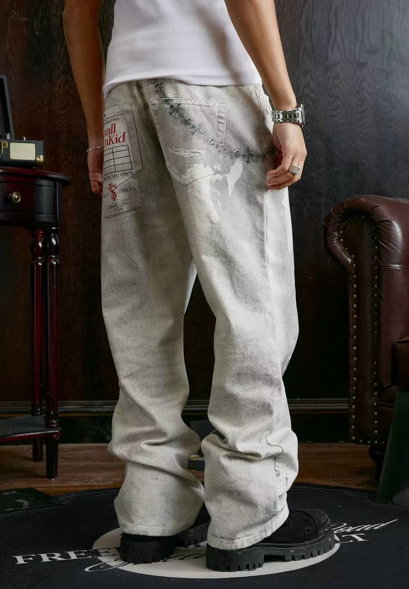 STK Vintage Distressed Wash 3D Badge Print Jeans