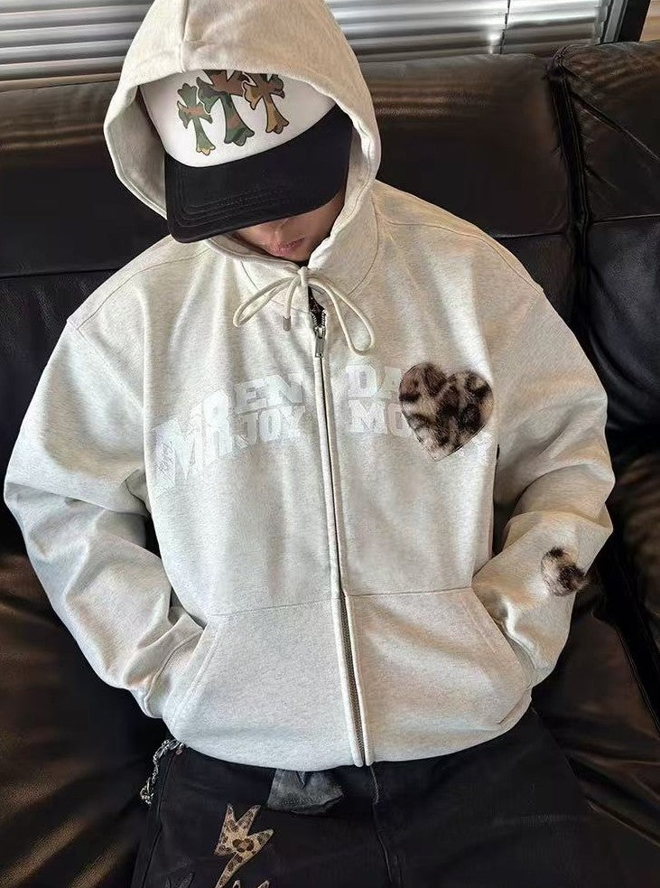 MEDM Distressed Font Heart Plush Leopard Print Zip Hoodie