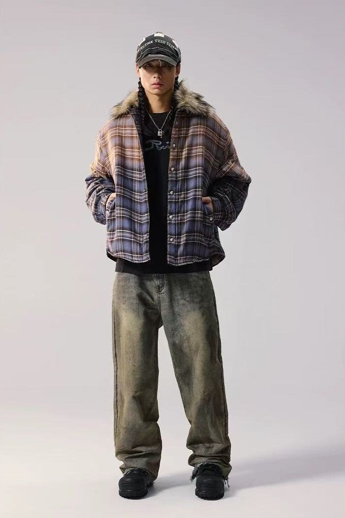 REMEDY Thickened Gradient Distressed Plaid Fur Collar Cotton Coat
