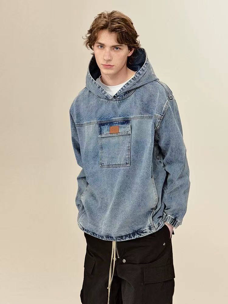 ICONSLAB Washed Denim Drawstring Split Hoodie