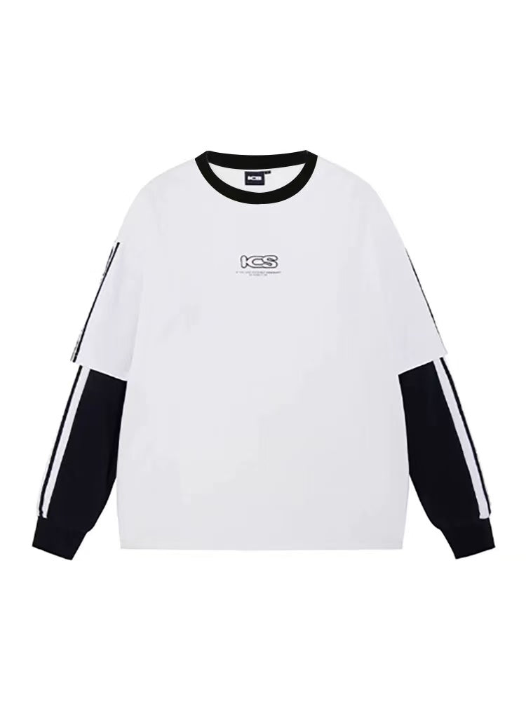 ICONSLAB Striped Webbing Fake Two-piece loose Pullover Crew Neck Sweatshirt