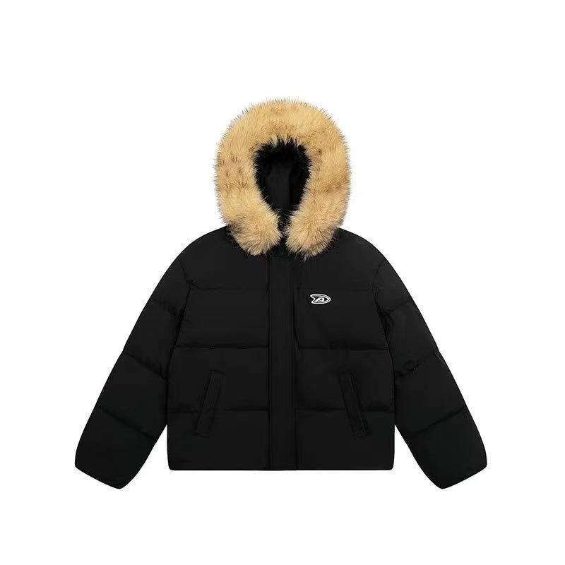 ACHOCK Logo Print Fur Collar Hooded Down Jacket