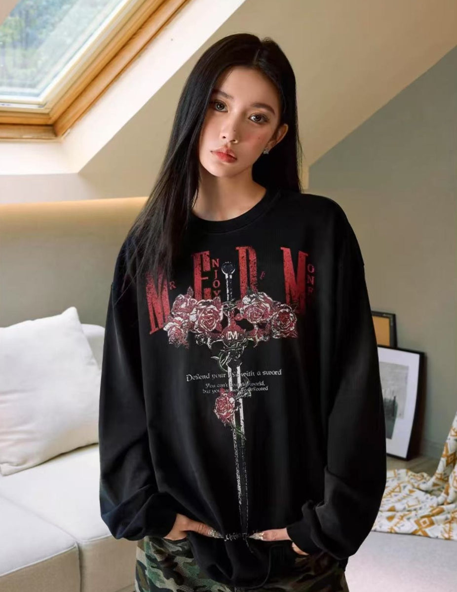 MEDM Rose and Sword Washed Long-sleeved T-shirt
