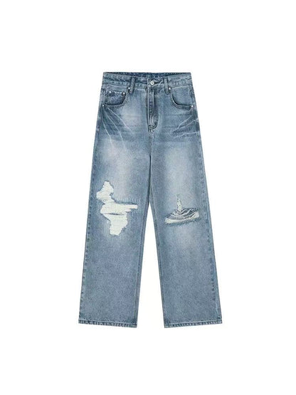 ACHOCK Butterfly Stitching Retro Ripped Jeans