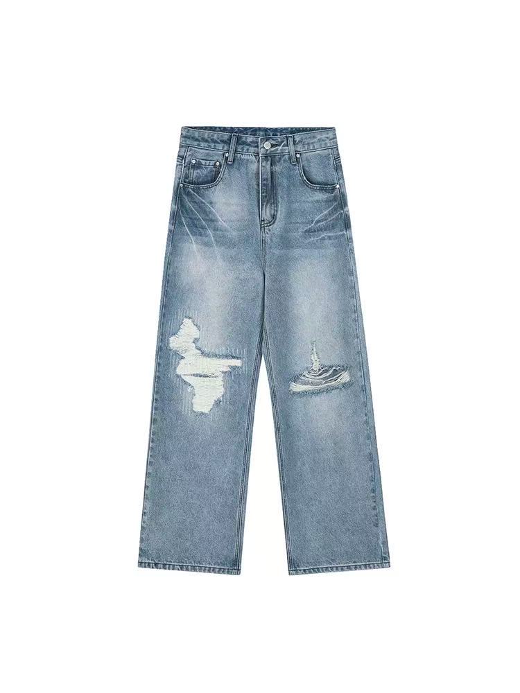 ACHOCK Butterfly Stitching Retro Ripped Jeans