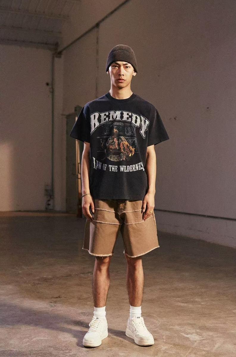 REMEDY Destroyed Fringe Paneled Denim Shorts