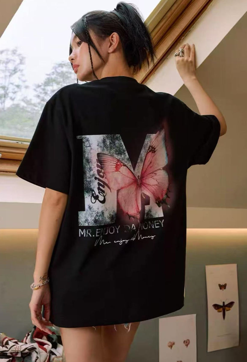 MEDM Luminous Butterfly Thermoset Oil Print Short Sleeve T-Shirt
